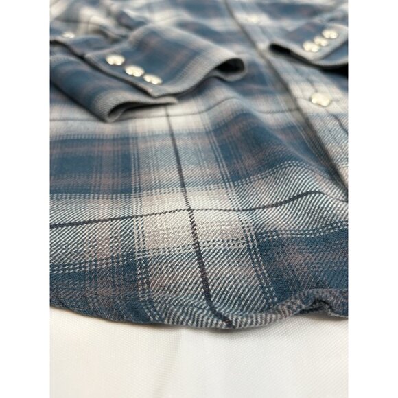 Filson Flannel Western Shirt Men’s L Pearl Snap Blue Gray Plaid Midweight - Picture 9 of 14